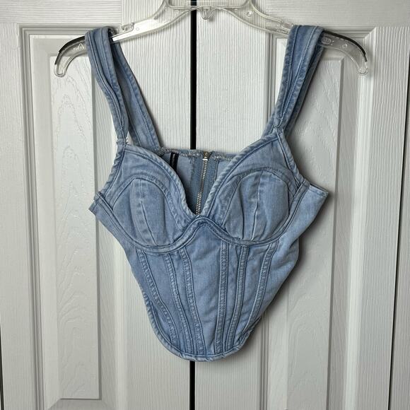Pretty Little Thing Light Blue Wash Dip Hem Bust Cup Denim Corset 0 - Picture 1 of 6